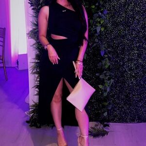 SHEIN Black Cutout Side Slit Midi Dress with Nude Clutch